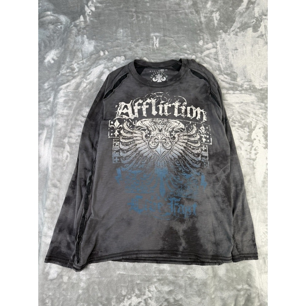 Affliction Men Thermal Cross Skull Wings Distressed Long Sleeve T-Shirt Size XXL